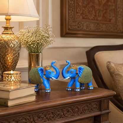 Blue Gold Mini Elephant Showpiece Pair, Car Dashboard, 3 Inch