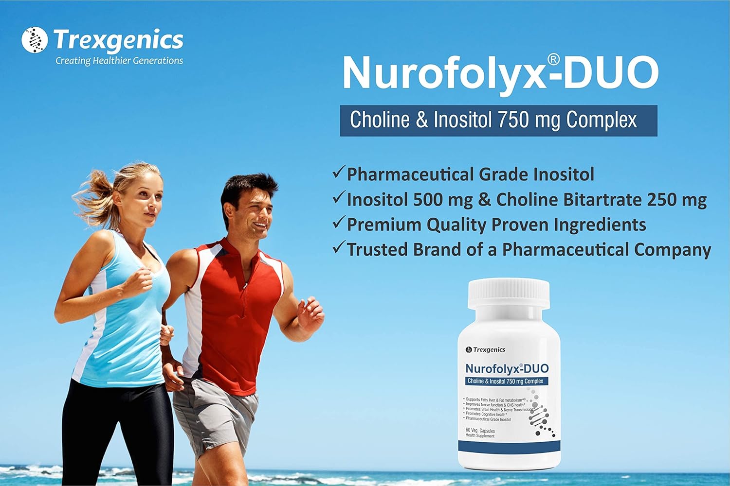 Trexgenics Nurofolyx-DUO supplement bottle with a man and woman running on a beach.