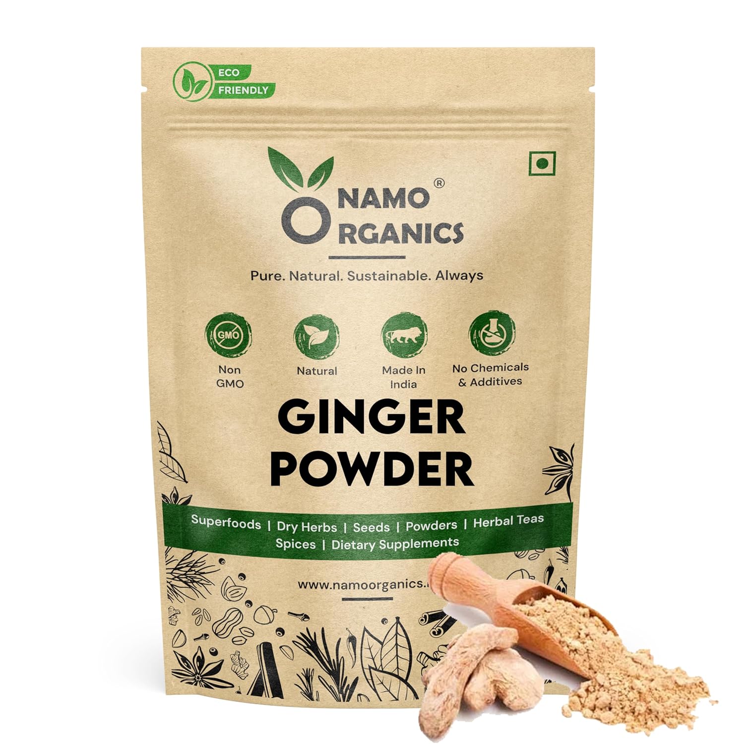 Namo Organics ginger powder packaging with ginger roots and powder on a white background