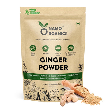 Namo Organics ginger powder packaging with ginger roots and powder on a white background