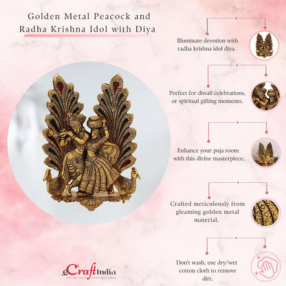 Decorative Golden Metal Radha Krishna Idol with Diya Decorative Showpiece for Home Decor Pooja Room Temple | Gift for Diwali Krishna Janmashtami Housewarming Wedding Birthday