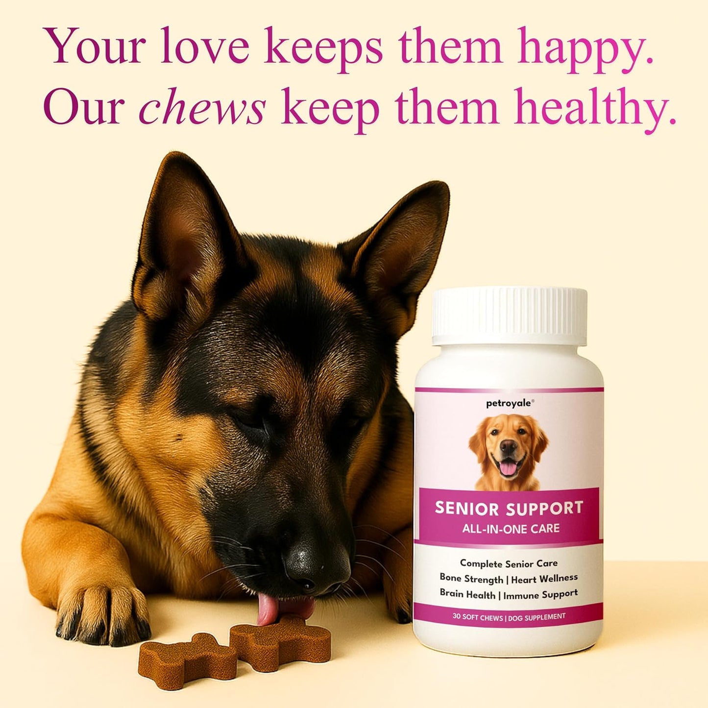 Petroyale Senior Support Dog Supplements – All-in-One Senior Dog Supplements for Mobility, Hip & Joint, Brain, Heart & Eye Health – Immune Support Vitamins (Dog Senior Support 30 Soft Chews)