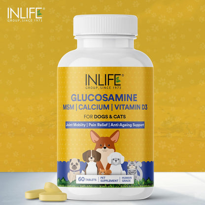 INLIFE Glucosamine Tablets for Dogs & Cats | with MSM Calcium & Vitamin D3 | Cartilage, Bone & Joint Health Supplement - 60 Tablets