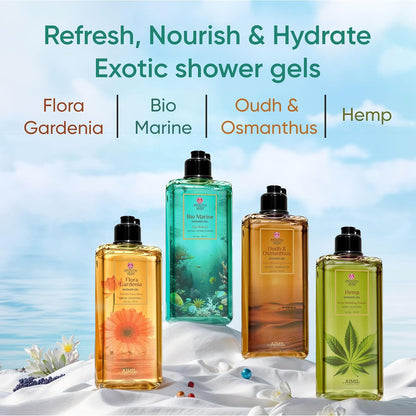 Ayouthveda Flora Gardenia Shower Gel, Natural & Ayurvedic Body Wash, Refreshing & Hydrating, Calms and soothes, Gently cleanses, Delivers velvety soft skin, For Men & Women 250ml