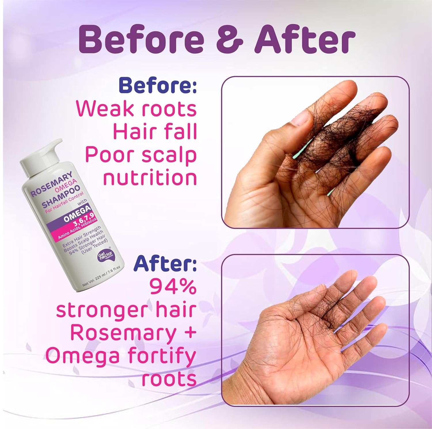 Before and after comparison of hair care product with a bottle and hands showing hair growth on a purple background.