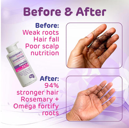 Before and after comparison of hair care product with a bottle and hands showing hair growth on a purple background.