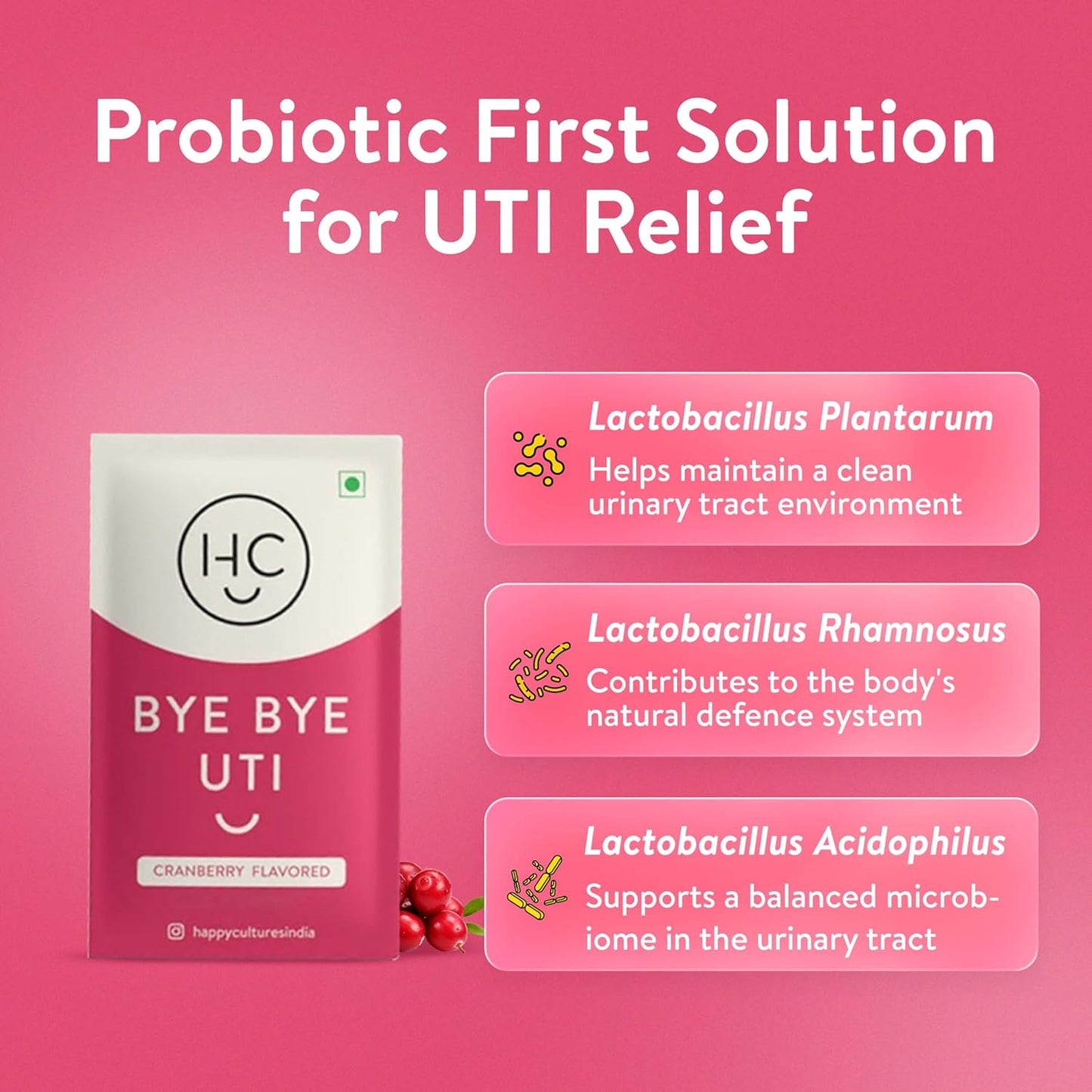 Happy Cultures Bye Bye UTI - Nutritional Supplement with D-Mannose, Cranberry Extract & Probiotics - Fast-Acting Relief & Prevention for UTI - 15 x 2g (Sachets)