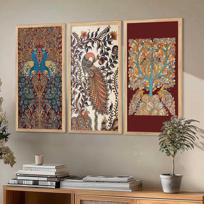 Indian Traditional Art Wall Painting Madhubani Home Decoration With Frame For Living Room Bed Room Hotel Wall Decor Digital Reprint Engineered Wood Set of 3 (Art 11, 10x19 inch)