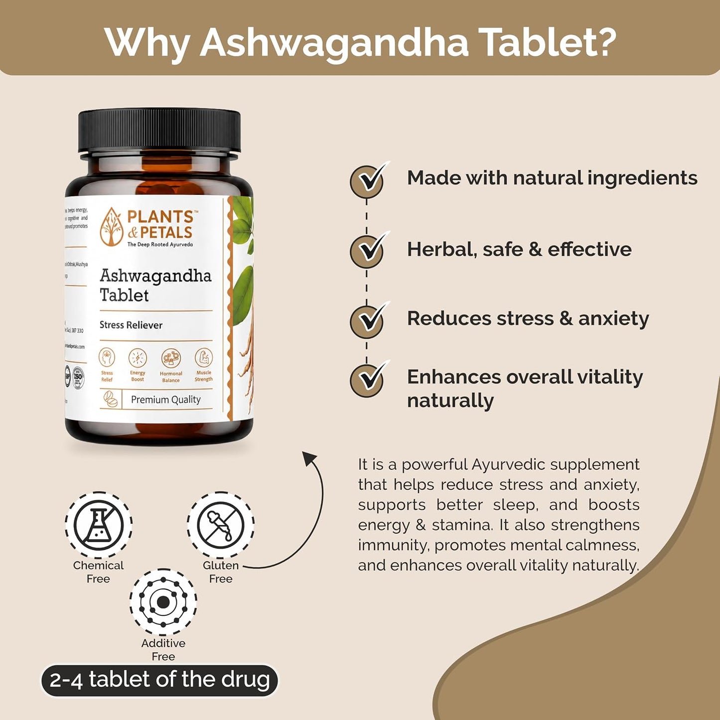PLANTS & PETALS Ashwagandha Tablets, 60 Tablets Ayurvedic Ashwagandha tablets crafted for daily wellness, strength, stamina and vitality.