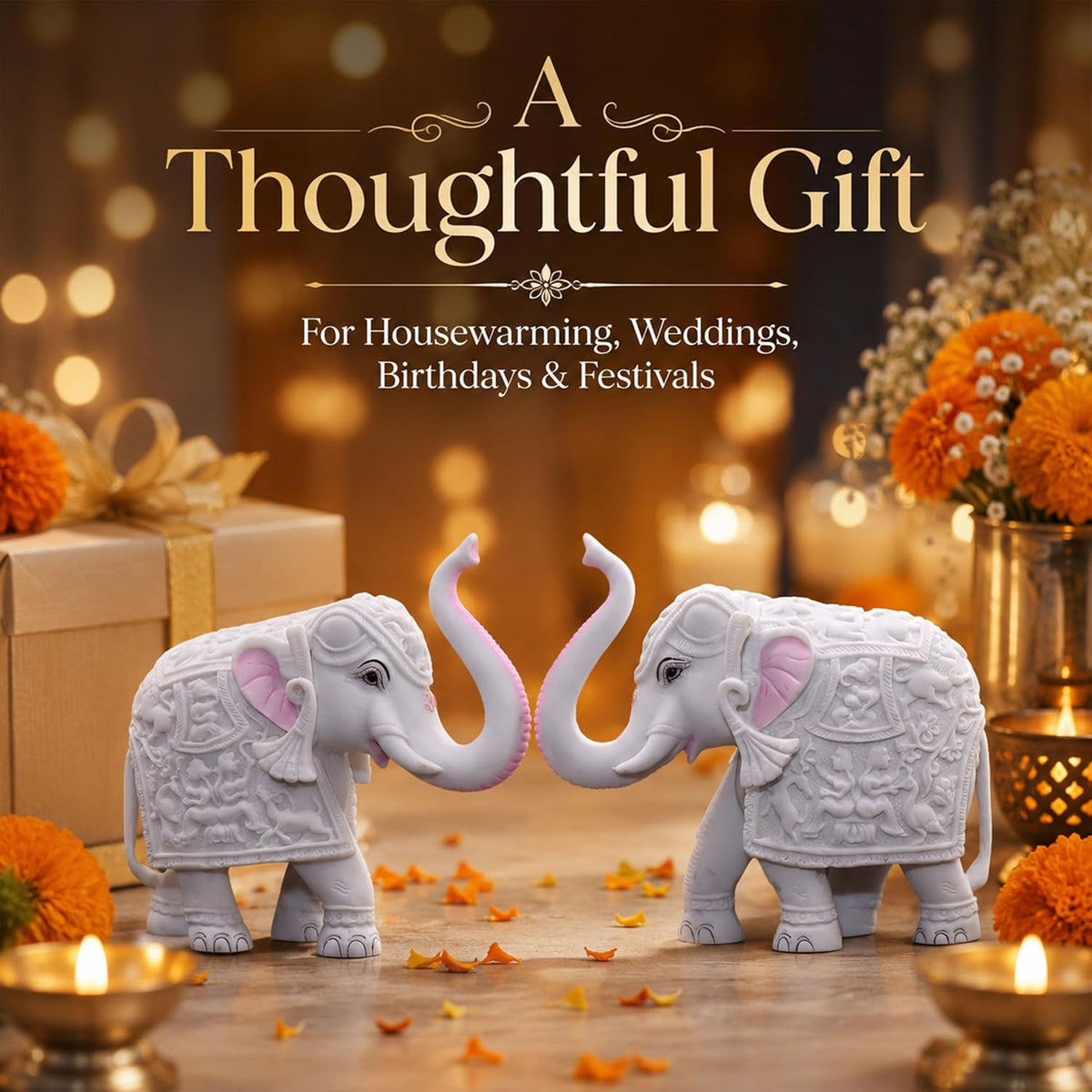 Pack of 2 White Elephant Showpieces Home Decor for Living Room, Table, Shelf, 2 x 3 inch Elephant Marble Resin Statue for Vastu, Feng Shui, Office Decor, Gifting