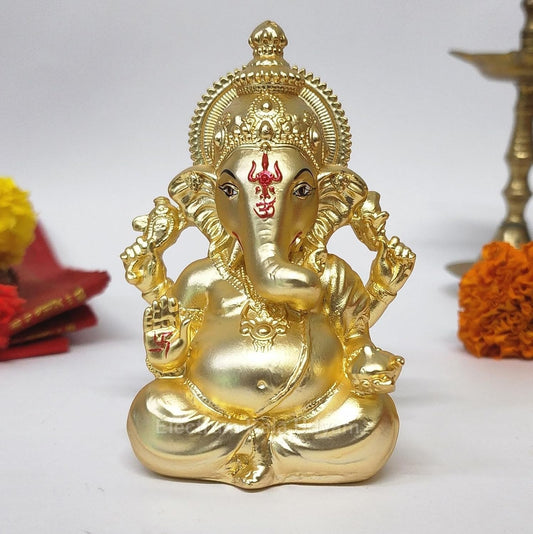 Handcrafted Poly Resin Ganesha Statue with Base - Perfect for Car Dashboard, Office Desk, Shelves, and Home Decor - Ideal Housewarming Gift! (GOLDMATTEVINAYAGAR 4")