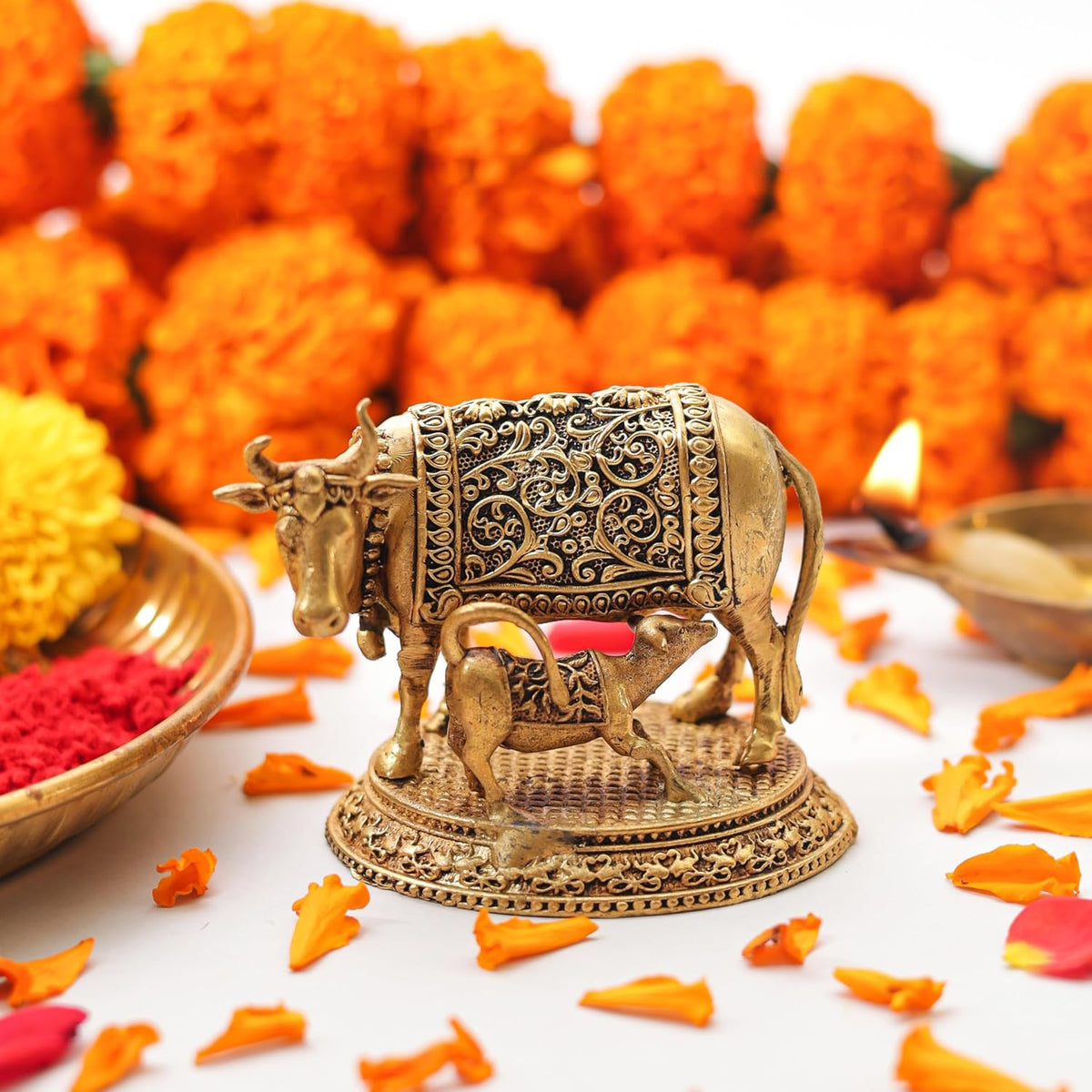 Brass Kamdhenu Cow with Calf Statue 2.2 Inch | Religious Gau MATA Idol for Mandir, Pooja, Home Temple, Vastu, Office Desk & Decorative Spiritual Gift (Pack of 1)