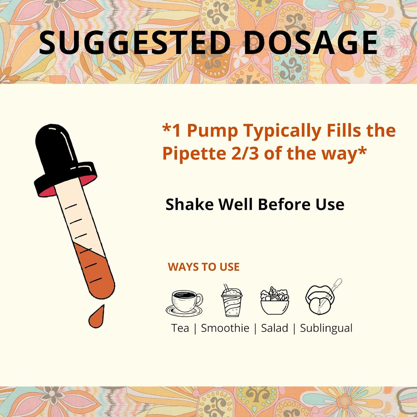 Instructional diagram with a dropper labeled 'Suggested Dosage' and usage instructions.