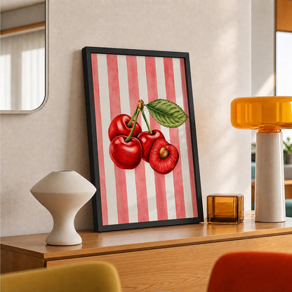 Cherry Wall Art Framed Painting for Home Decor, Red Fruit Botanical Illustration Wall Decor for Living Room Bedroom Office, Retro Aesthetic Room Decoration (DGN01-Black10x13 inch)