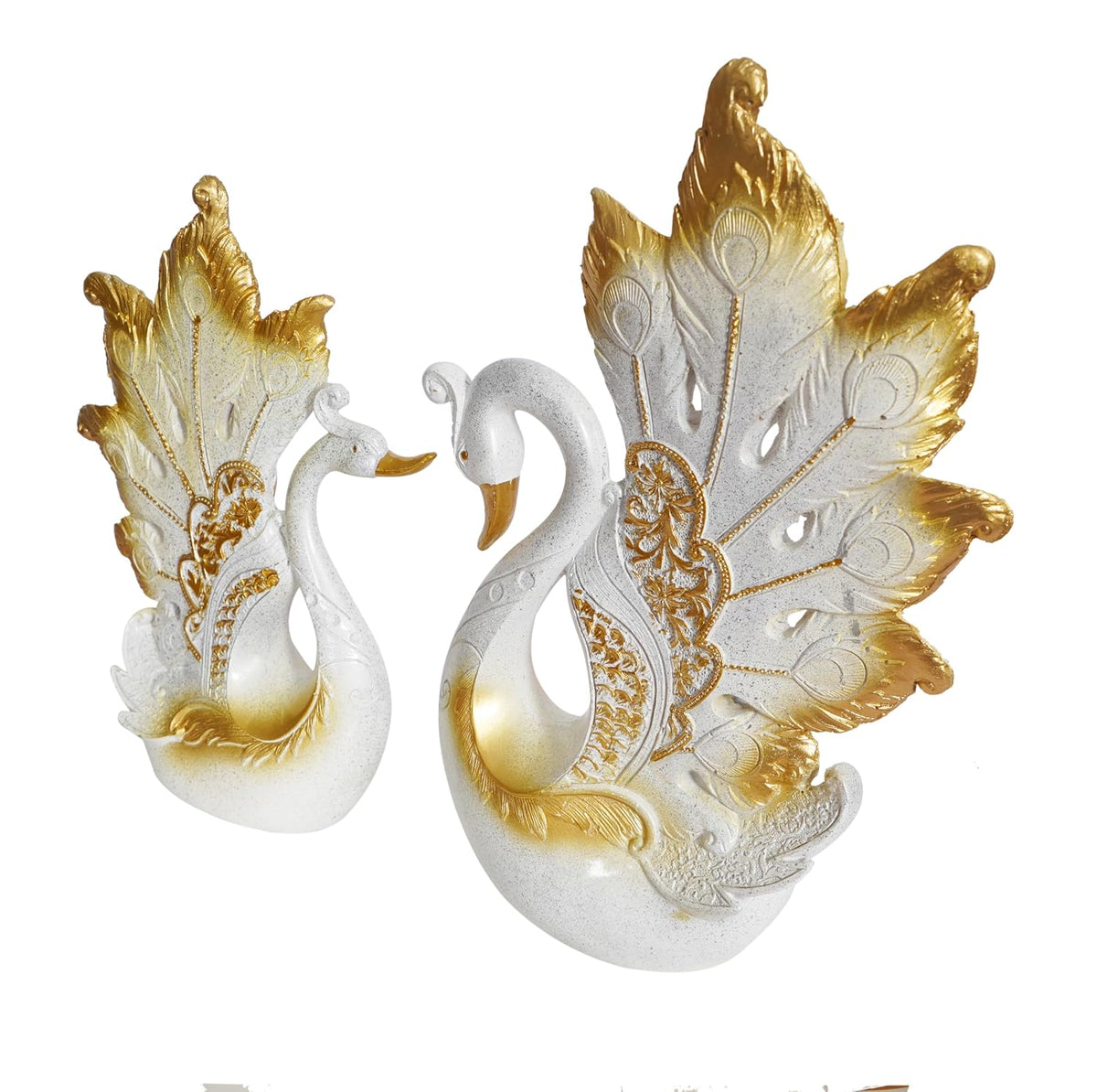 Decorative Peacock Figurine Set, White and Gold, Resin,Home & Office Decor Showpiece (2 Piece)