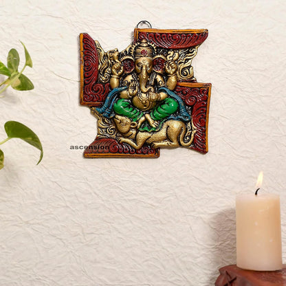 Metal Swastik Ganesh Ji Statue Religious Idol Wall Hanging Ganesh Home Decor Show Piece (Gold)