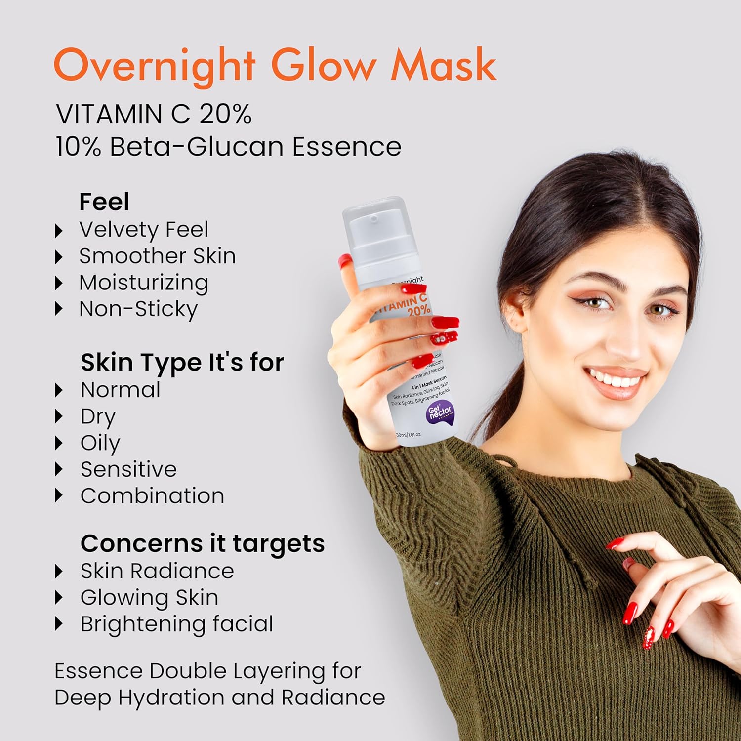Woman holding a skincare product with text about an overnight glow mask featuring vitamin C and beta-glucan essence.