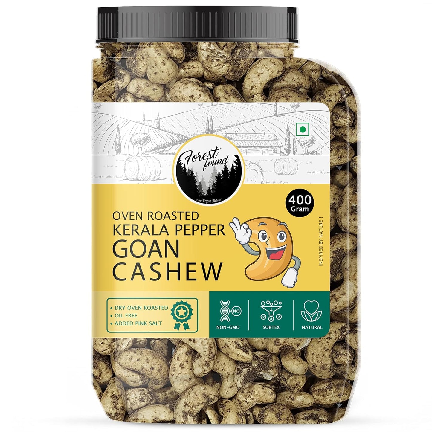 Forest Found Tellicherry Pepper Roasted Cashews (400g) | 100% Oil-Free & Dry Roasted | Jumbo Premium Kaju Nuts | Low Sodium Gourmet Healthy Snack | Black Pepper Seasoned Roasted Cashews