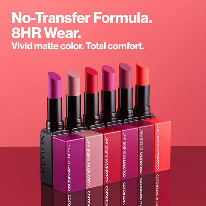 Revlon Lipstick, ColorStay Suede Ink, Built-in Primer, Infused with Vitamin E, Waterproof, Smudge-proof, Matte Color, 003 Want It All, 2.55 g
