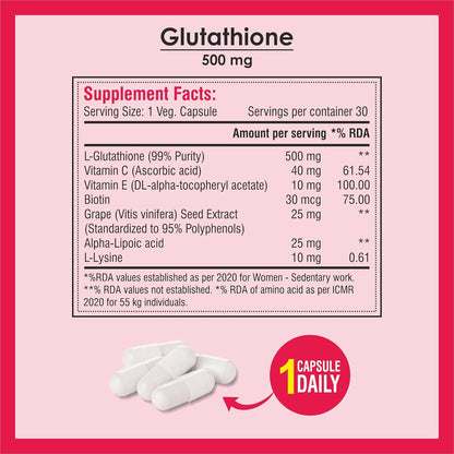 Biotrex Nutraceuticals Glutathione With Vitamin C & E, Biotin, Grape Seed Extract, Alpha Lipoic Acid, L-Lysine For Healthy Skin Health, Antioxidant Supplement - 30 Vegetarian Capsules