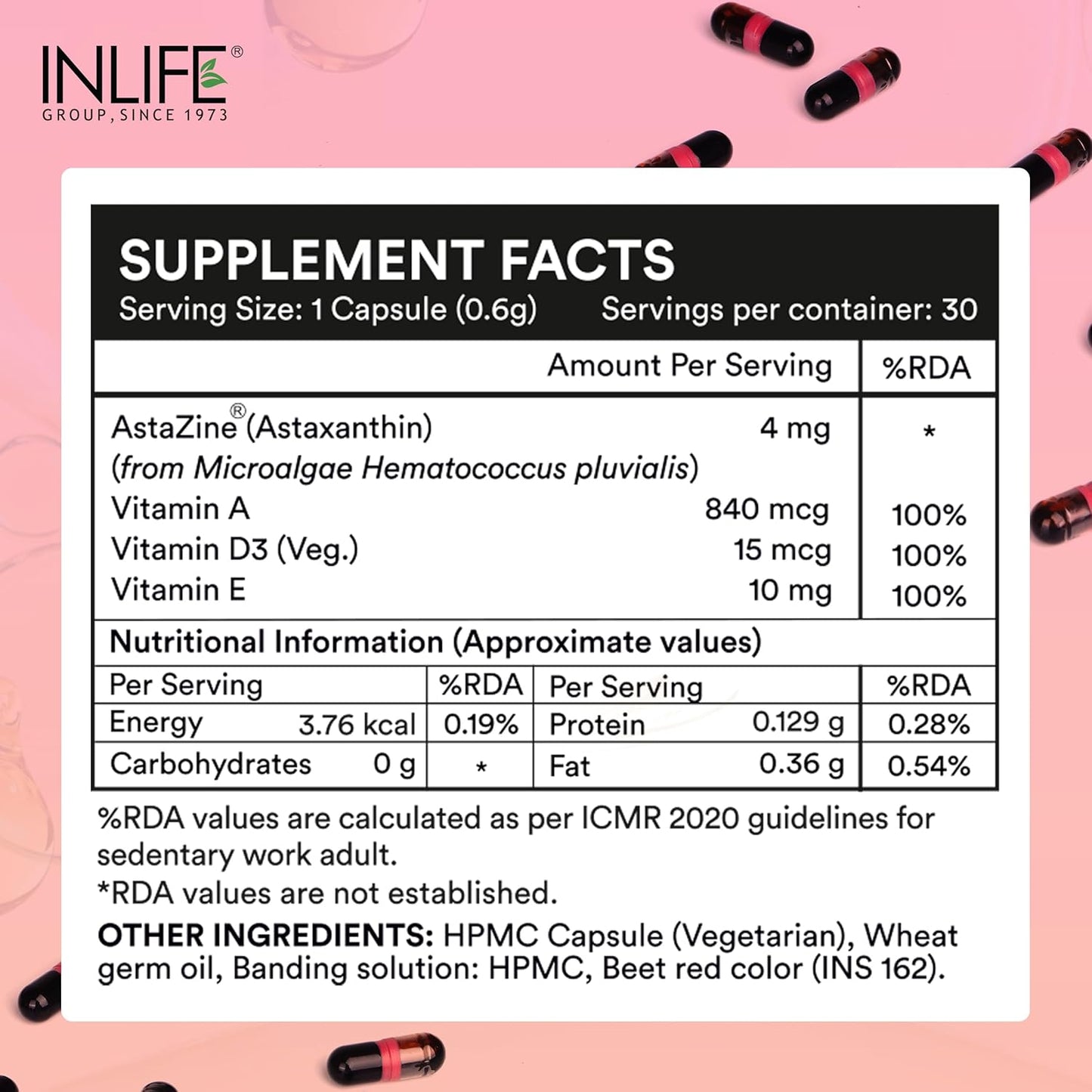 INLIFE Astaxanthin 4 mg Supplement AstaZine | Natural Antioxidant Supplement with Vitamin A, D3 & E – High Absorption Formula – 30 Liquid Filled Vegetarian Capsules