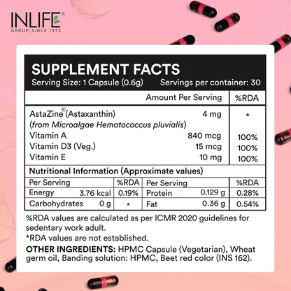 INLIFE Astaxanthin 4 mg Supplement AstaZine | Natural Antioxidant Supplement with Vitamin A, D3 & E – High Absorption Formula – 30 Liquid Filled Vegetarian Capsules