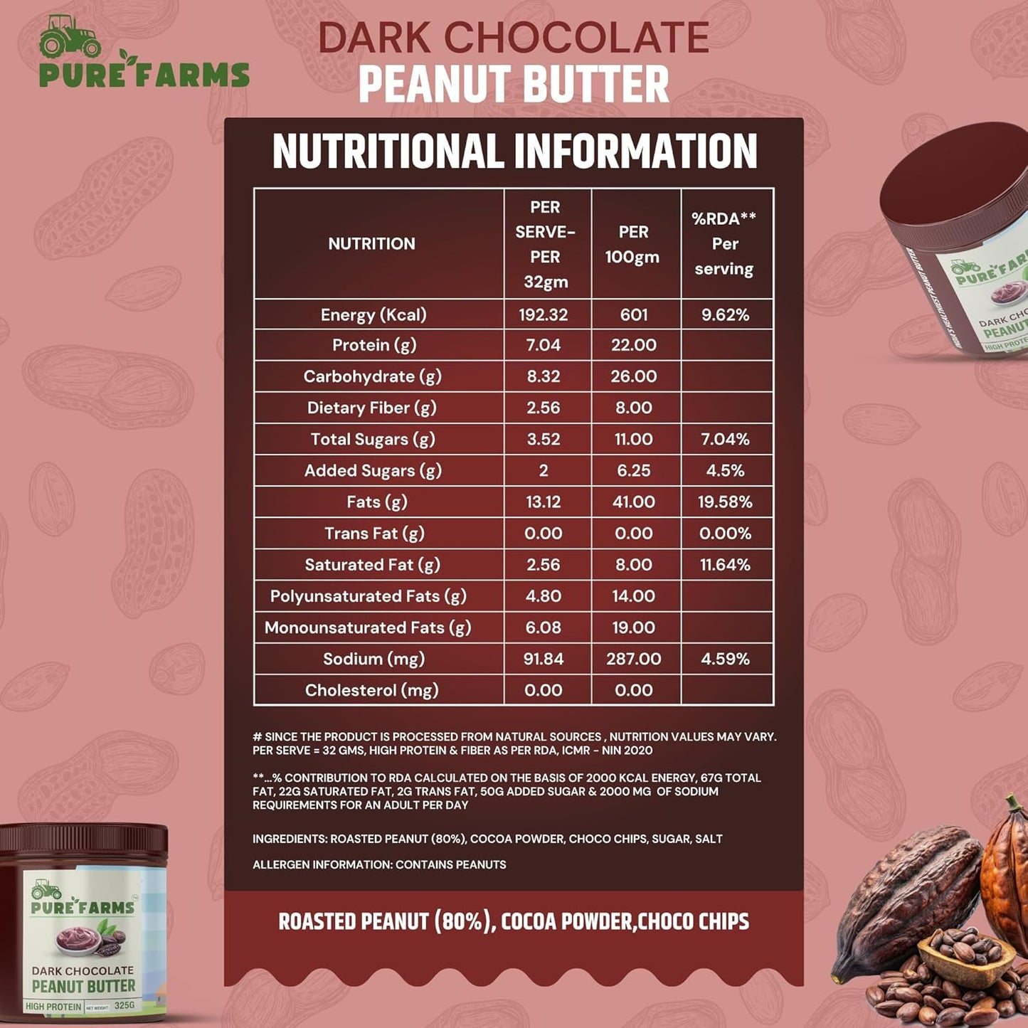 PURE FARMS Dark Chocolate Peanut Butter | Crunchy Chocolate Peanut Butter Spread | 22g Protein, Pure Cocoa | 80% Roasted Peanuts, No Hydrogenated Oil