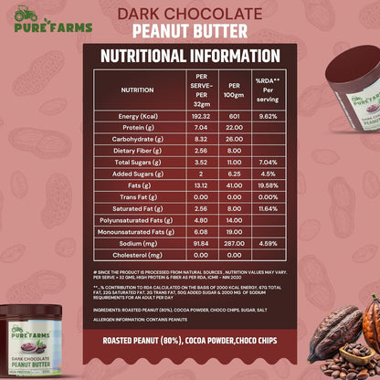 PURE FARMS Dark Chocolate Peanut Butter | Crunchy Chocolate Peanut Butter Spread | 22g Protein, Pure Cocoa | 80% Roasted Peanuts, No Hydrogenated Oil