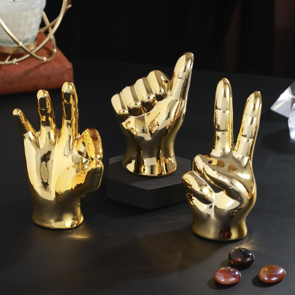 Set Of 3 Hand Sign Fantasy Showpiece Statue Collectible Figurines(Multi,Ceramic)Decorative Items For Home Decor Living Room Bedroom Wall Shelf Office Table Top Decoration Gifting
