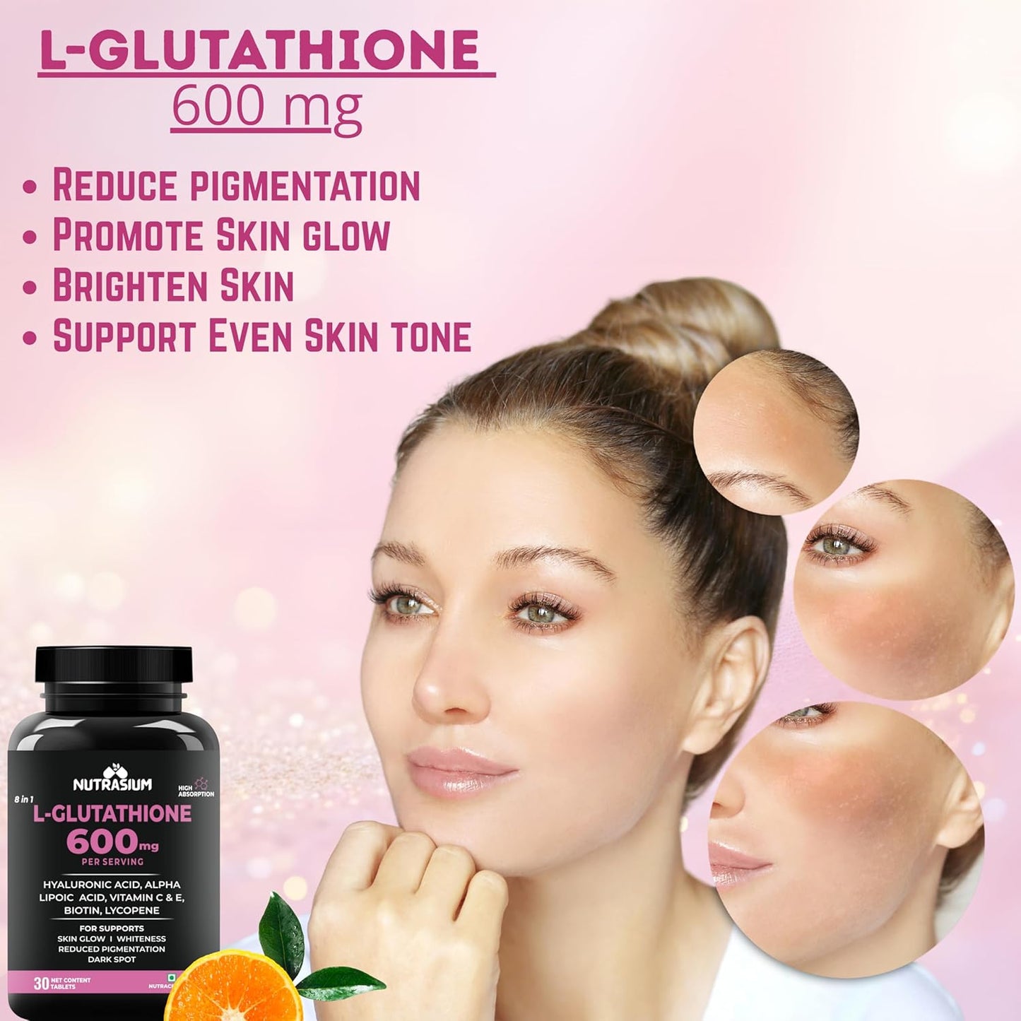 Nutrasium L-Glutathione 600 mg with Hyaluronic Acid & Biotin | For Skin Glow, Brightening, Hydration, & Skin Radiance, Reduce Dark Spot & Pigmentation | 30 Tablets