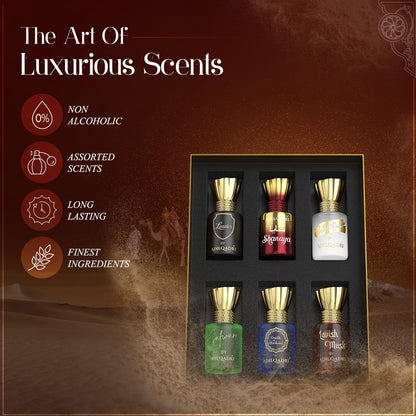 Adilqadri Assorted Luxury Attar Combo Perfume Gift Set for Men & Women (Pack of 6) – Non-Alcoholic Roll-On attar Collection | Long-Lasting Fragrance Set | Gift Hamper for Him & Her | Ideal for Special Occasions | 5.5ml Each