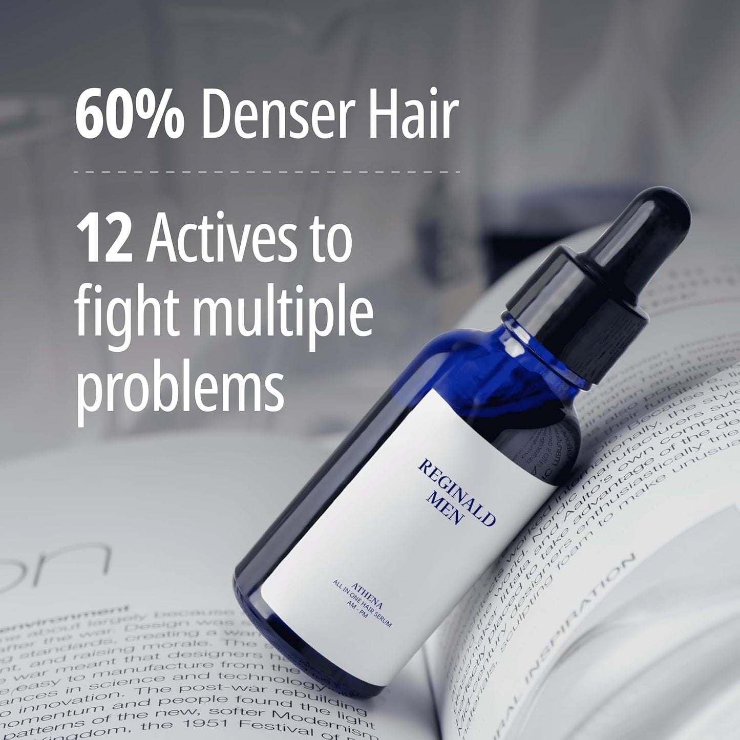 Hair serum bottle with text about hair density and active ingredients on a blurred background