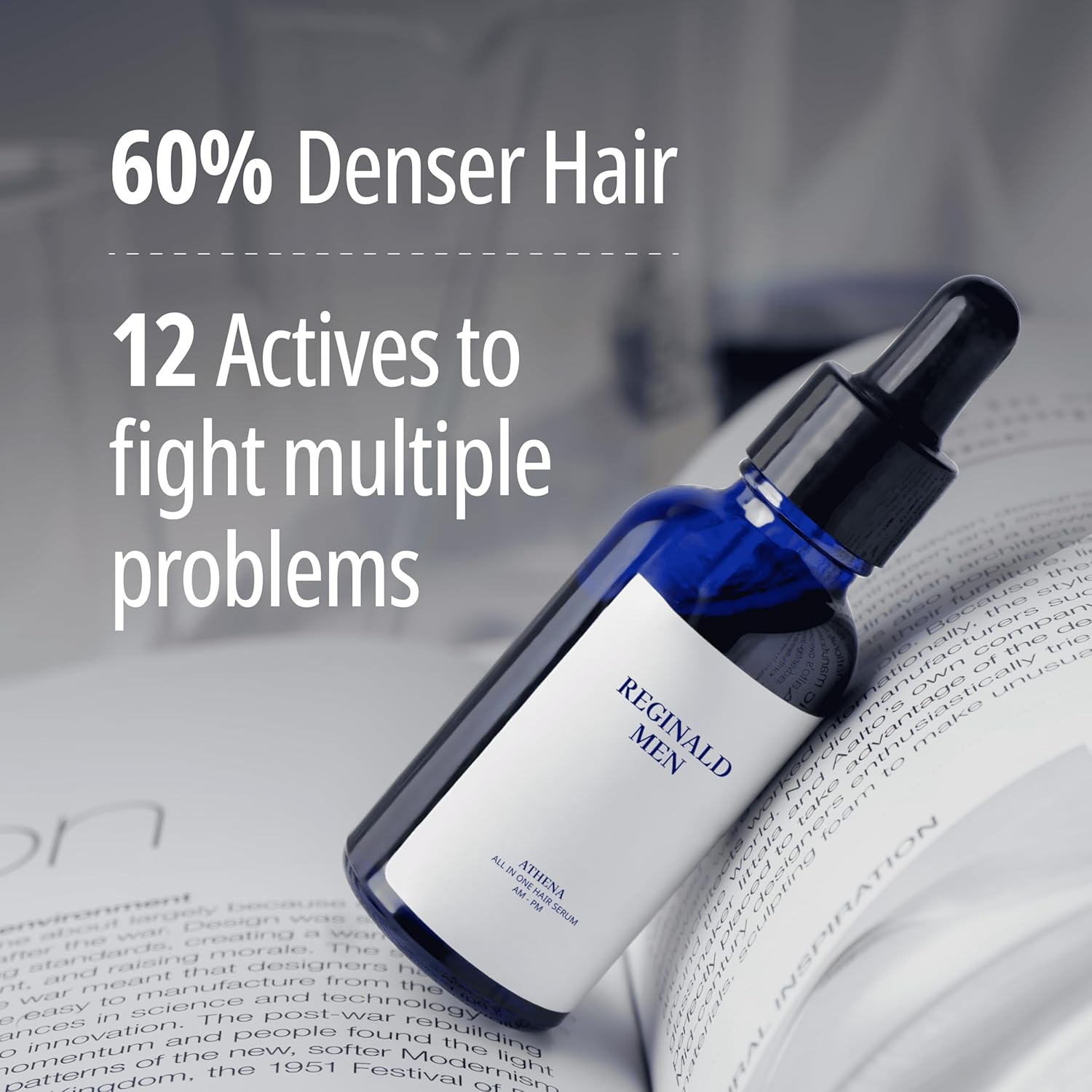 Hair serum bottle with text about hair density and active ingredients on a blurred background