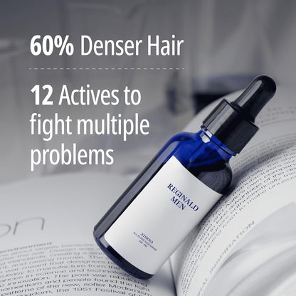 Hair serum bottle with text about hair density and active ingredients on a blurred background