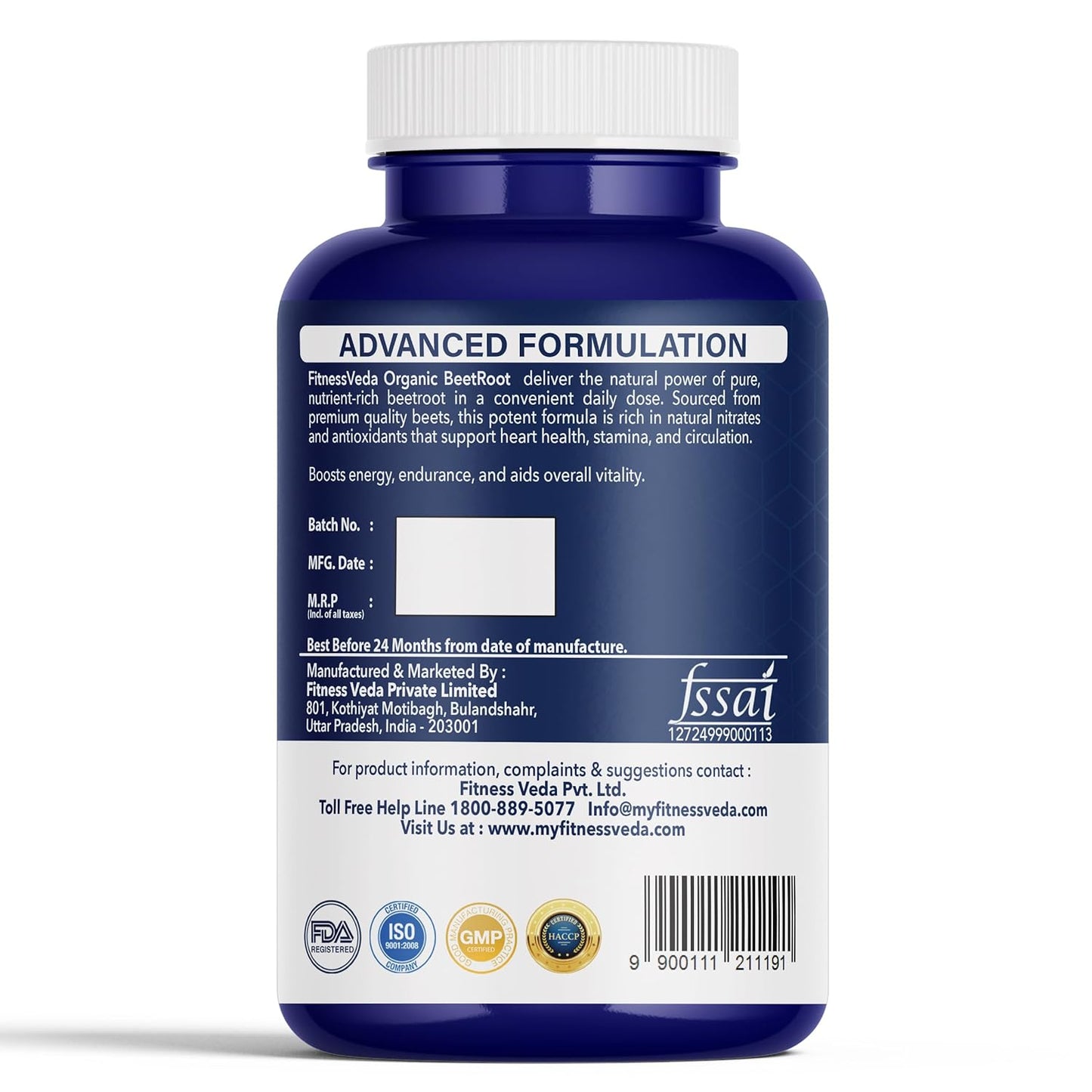 Back label of a blue supplement bottle with white text on a white background