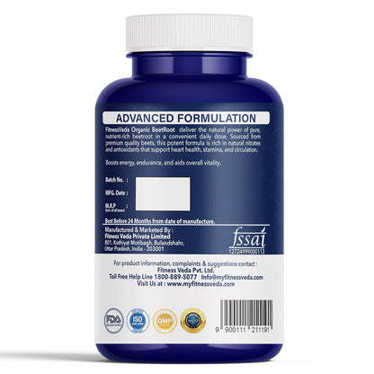 Back label of a blue supplement bottle with white text on a white background