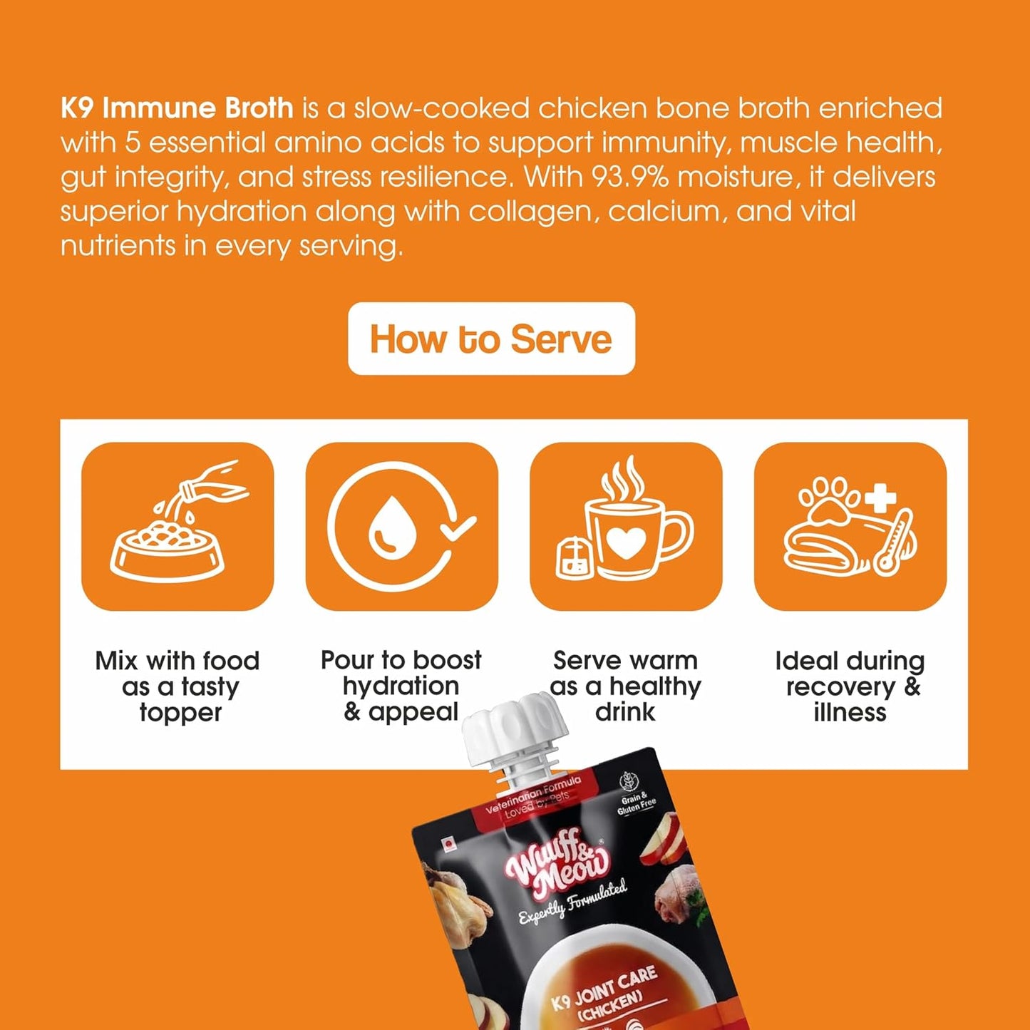 Wuuff & Meow Chicken Bone Broth for Dogs – K9 Immune | Natural Immunity & Gut Health Support Bone Broth for Dogs | Hydrating Pet Supplement (100 g (Pack of 1))