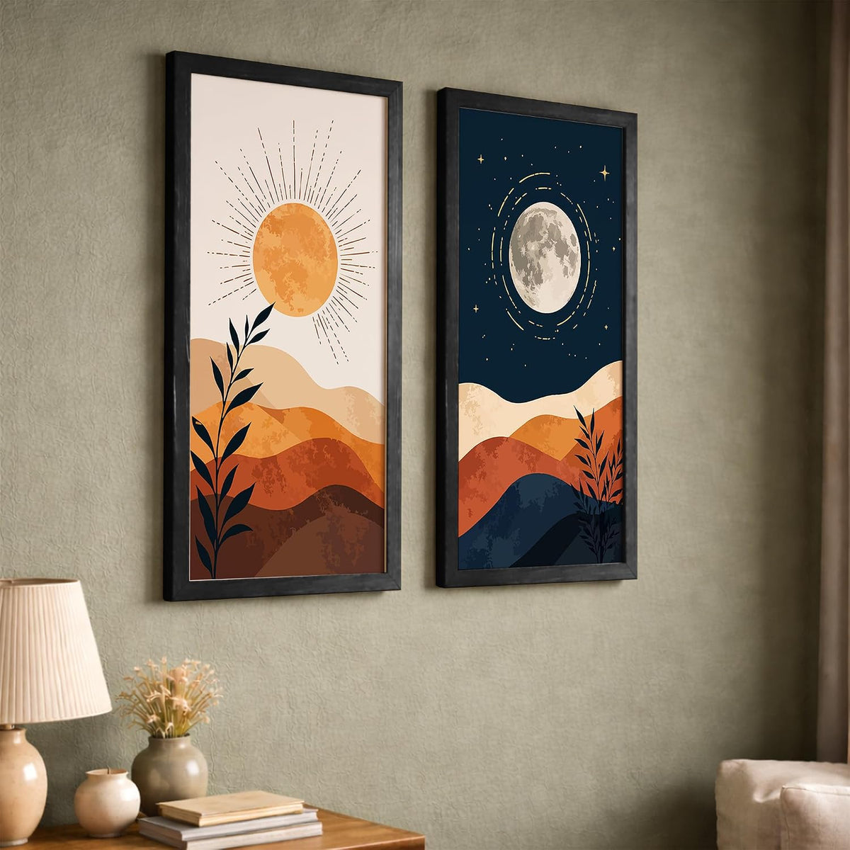 Minimalist Sun Moon Wall Art Set of 2 Framed Prints, Abstract Mountain Landscape Posters, Boho Neutral Scandinavian Nature Decor for Living Room, Bedroom & Office, 10x19 Inch Wooden Frames