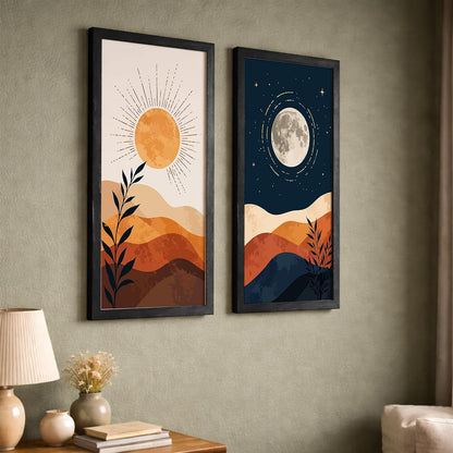 Minimalist Sun Moon Wall Art Set of 2 Framed Prints, Abstract Mountain Landscape Posters, Boho Neutral Scandinavian Nature Decor for Living Room, Bedroom & Office, 10x19 Inch Wooden Frames