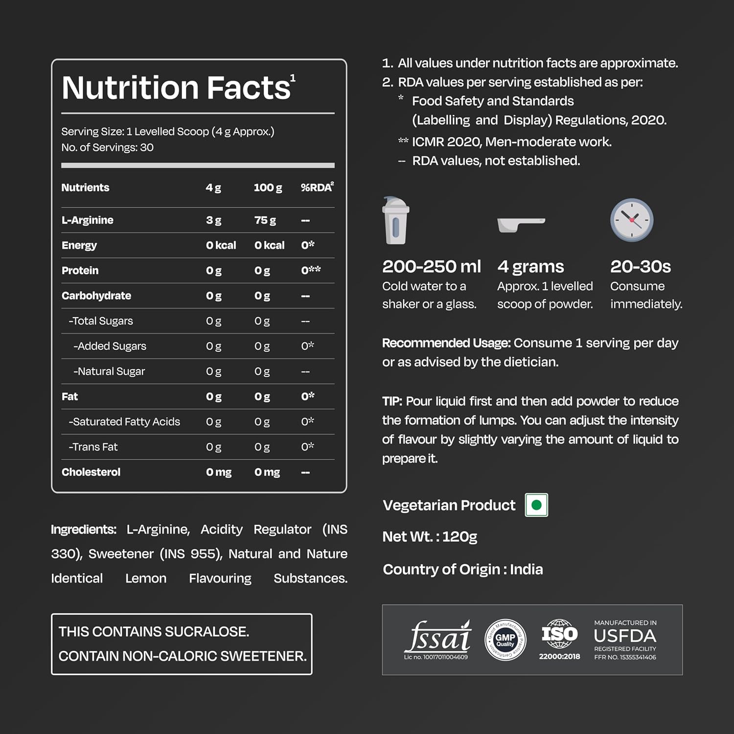 Nutrition facts label for a supplement on a black background