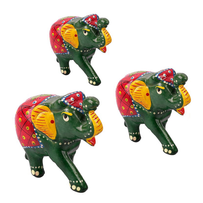 DreamKraft Paper Mache Elephant Showpiece, Standard, Green, 3 Piece, Home Decor, Cultural, Traditional, Festive
