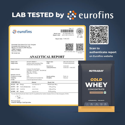 NUTRABAY Gold Whey Concentrate package with Eurofins analytical report on a blue background