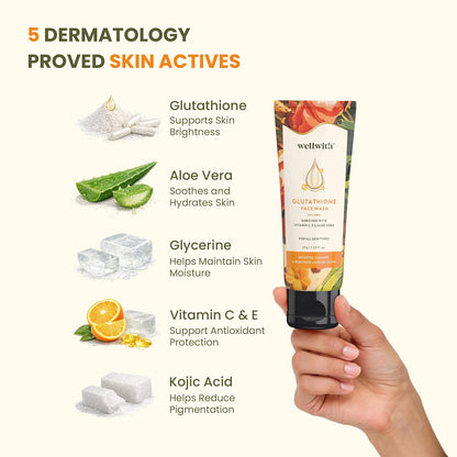 Wellwith(Ayuzera) Glutathione Face Wash, Vitamin C & E, Kojic Acid Aloe Vera, Glowing Skin, Oil Control, Cleansing Face Wash Skin Rejuvanating (60ml, Pack of 1)