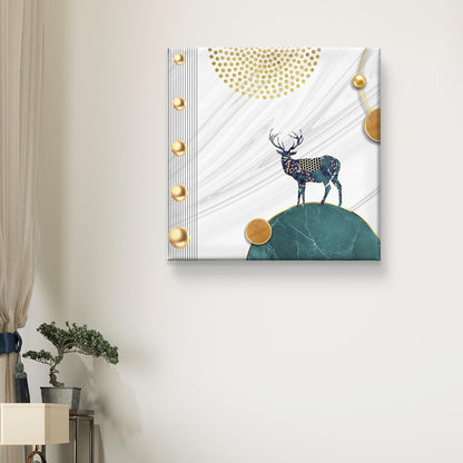 Modern Nordic Deer Wall Art Canvas Print, White Marble Background with Gold Accents, Teal and Gold Home Decor 16 Inch x 16 Inch CVS-38106