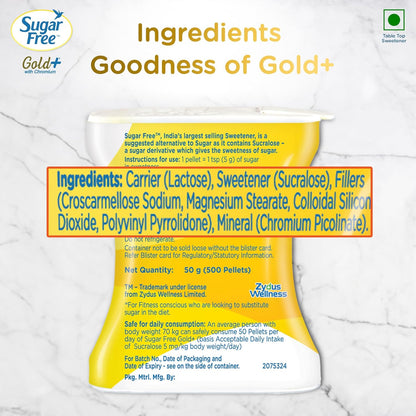Sugar Free Gold, 500 Pellets| India s No.1 Sweetner| Sweet like Sugar with Low Calories| Scientifically Proven & Tested 50g