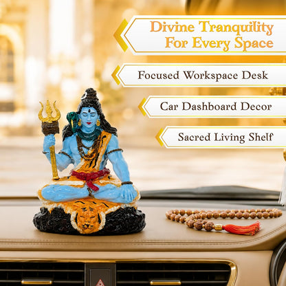 Blue Shiva Idol, 9 cm Hand Painted Resin Mahadev Murti with Trishul, Snake & Tiger Skin Design, Lord Shiva Statue for Car Dashboard, Home Mandir, Living Room, Office & Pooja Decor