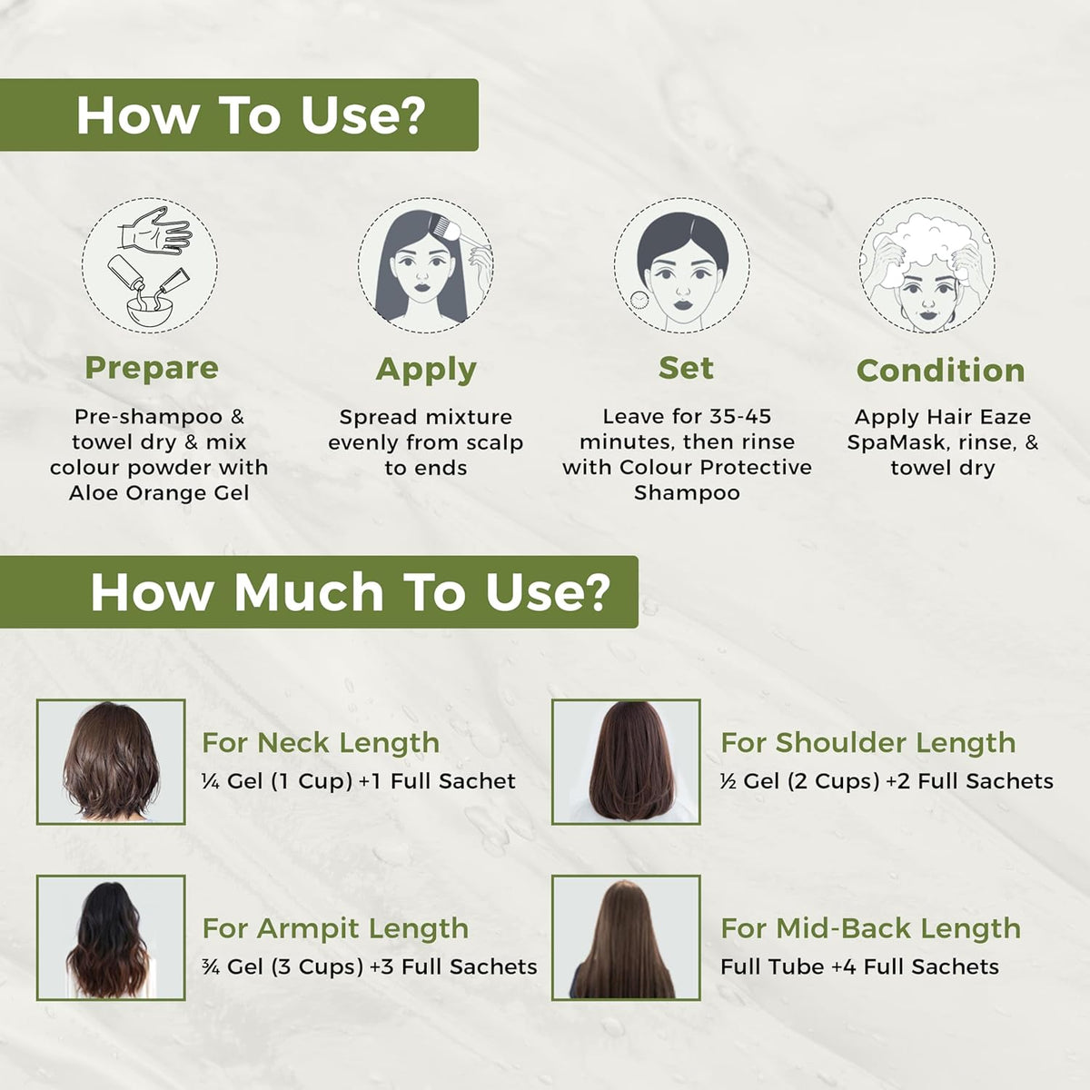 Instructions on how to use a hair care product with step-by-step guide and measurements.