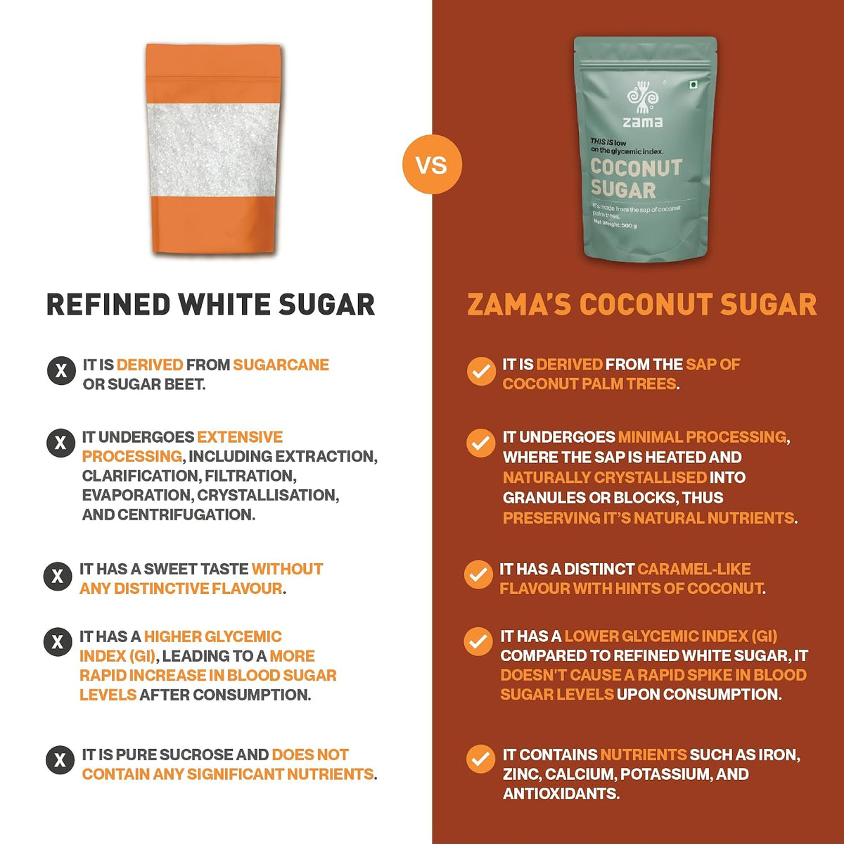 Zama Coconut Sugar 500g | Coconut Palm Sugar | Subtle Caramel Flavour | Sugar Substitute | Unprocessed and unrefined | Plant Based | Coconut Jaggery