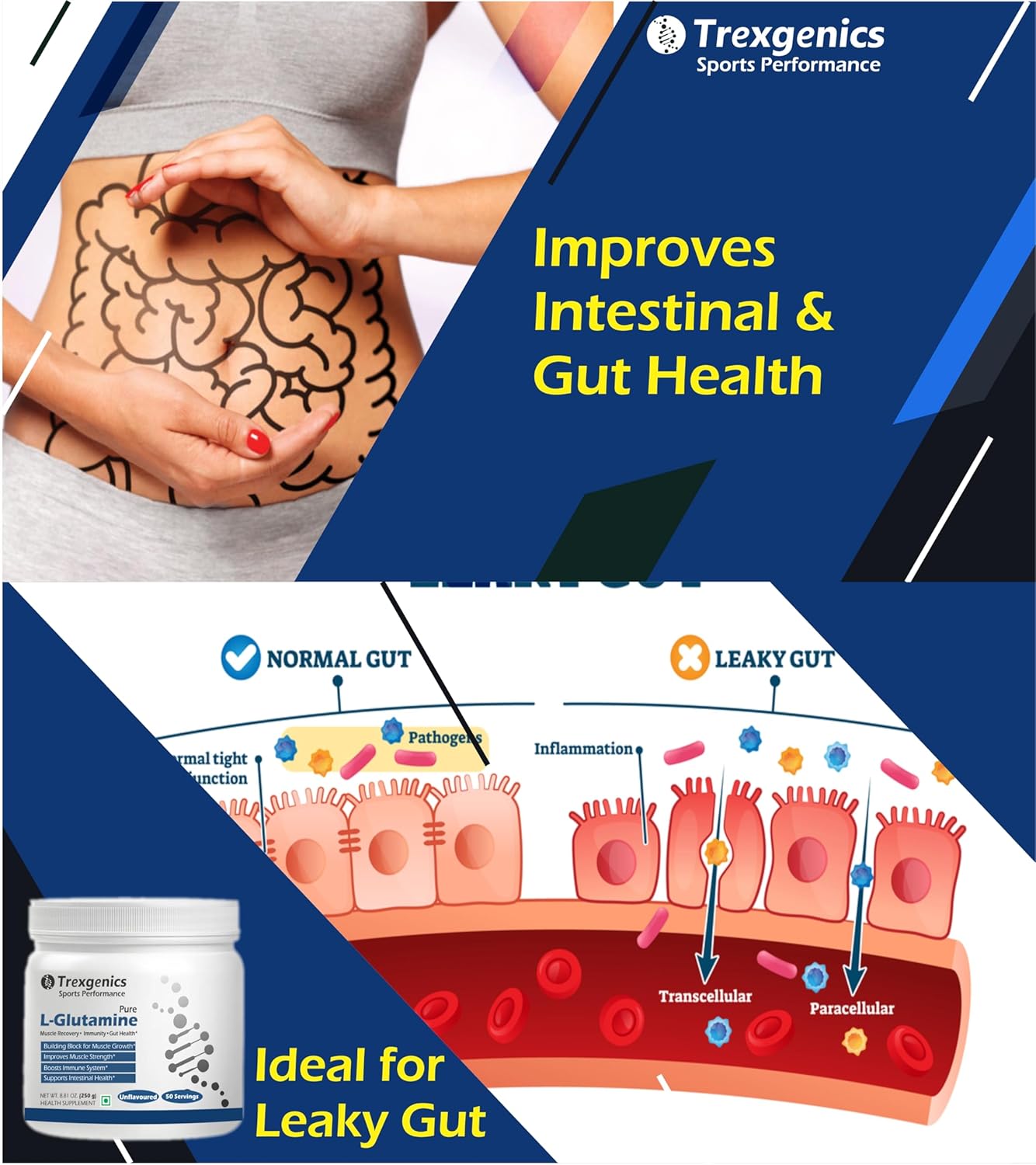 Trexegenics Sports Performance product advertisement with gut health graphics and text.