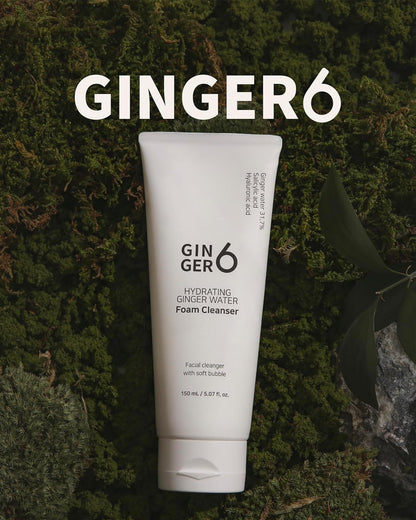 Ginger6 foam cleanser tube on a green leafy background